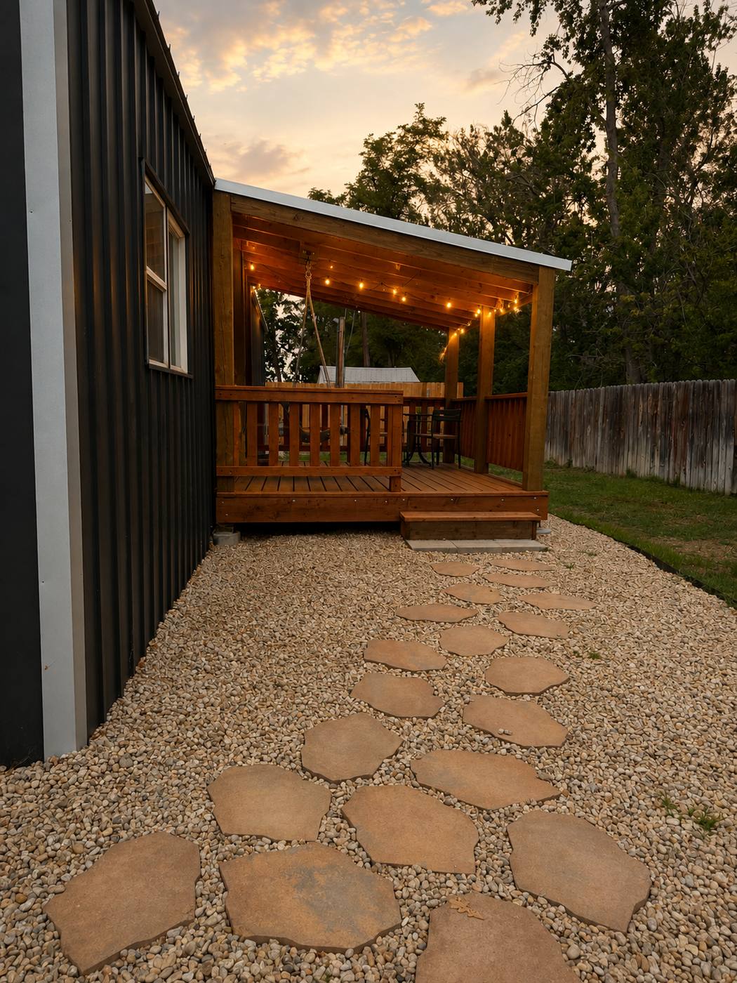Flagstone path set in river rock leading along the house to the covered deck at sunset