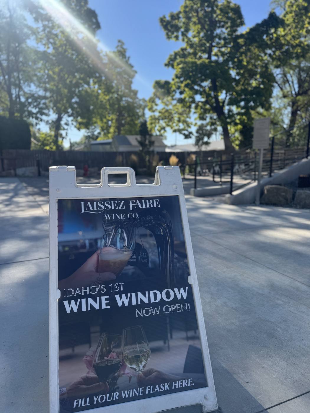 A sign at Laissez Faire Wine Co. advertising Idaho's first wine window